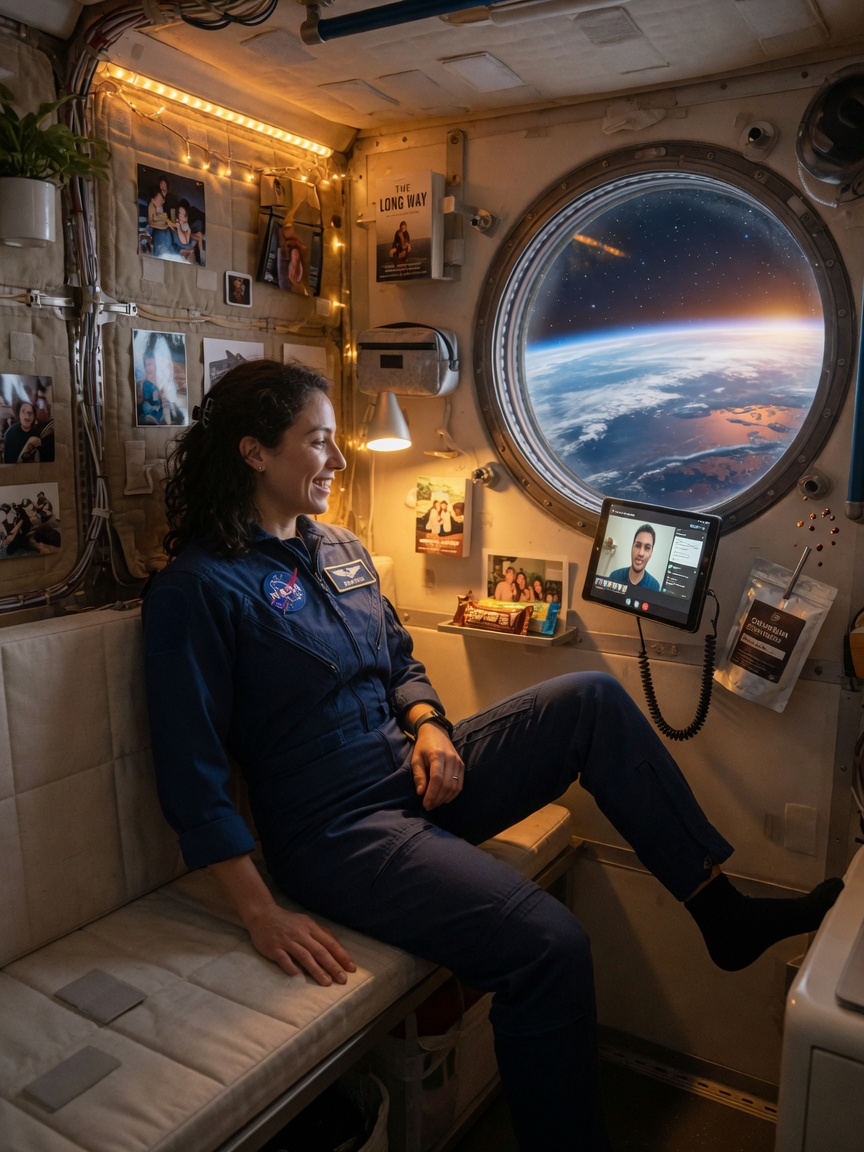 Zero-gravity evening in a quiet habitat module with Earth glow.