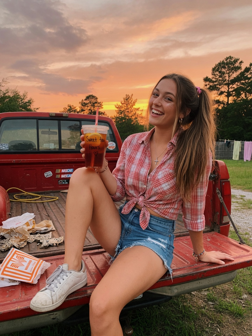 Pickup tailgate sunset with sweet tea and country heat.