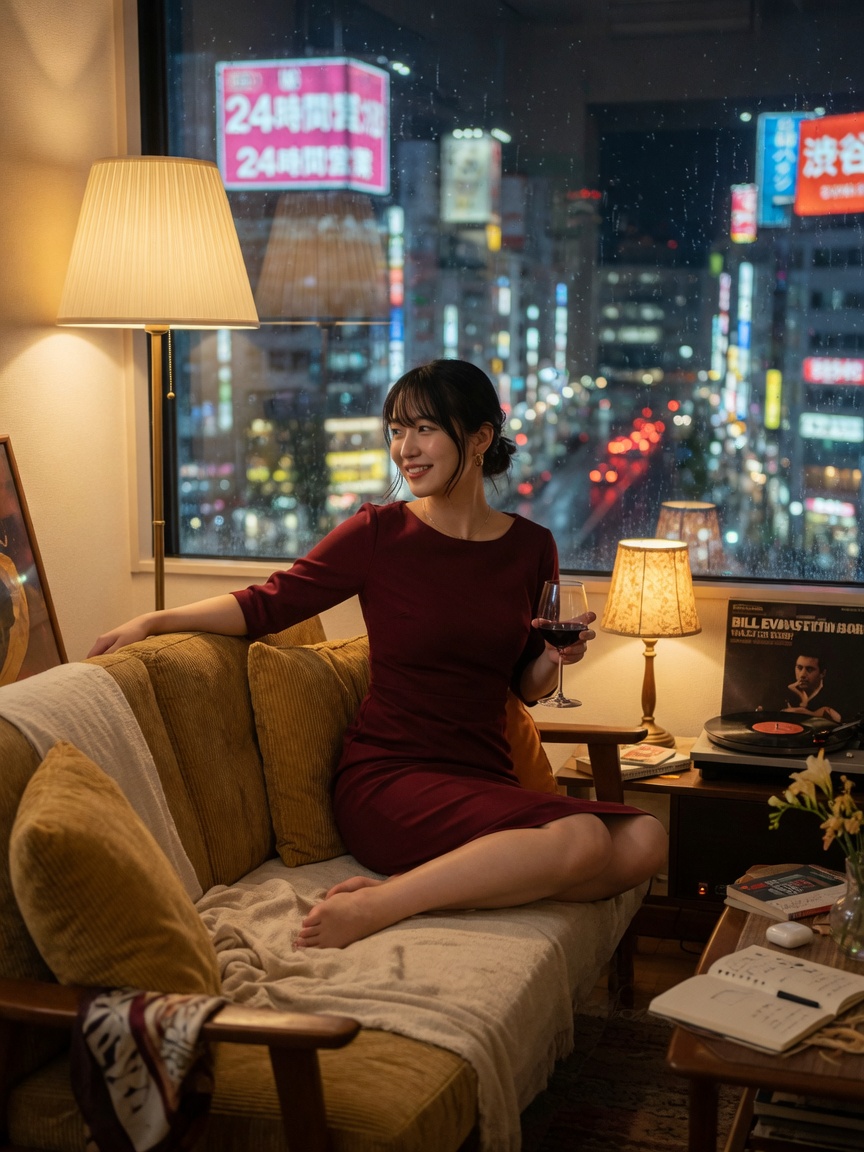 Rainy Tokyo apartment night in a burgundy dress with wine.