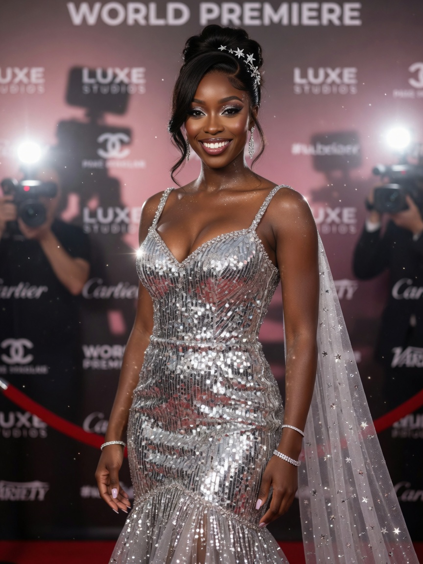 Red-carpet glamour portrait reused as an intimate premiere-night scene.