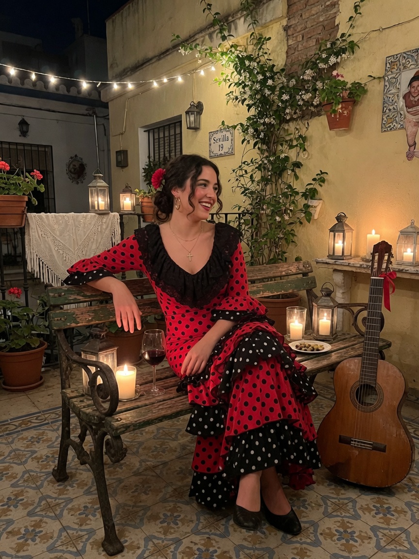 Seville courtyard night in polka-dot flamenco dress with guitar.