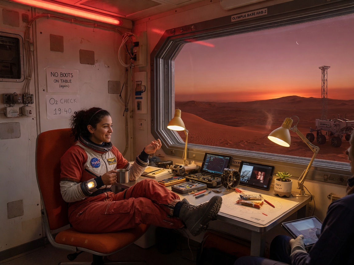 Olympus Base common room during a dusty red Martian dusk.