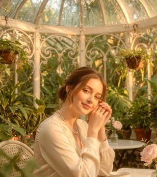 Close portrait — Gentle romantic portrait in glasshouse cafe twilight.