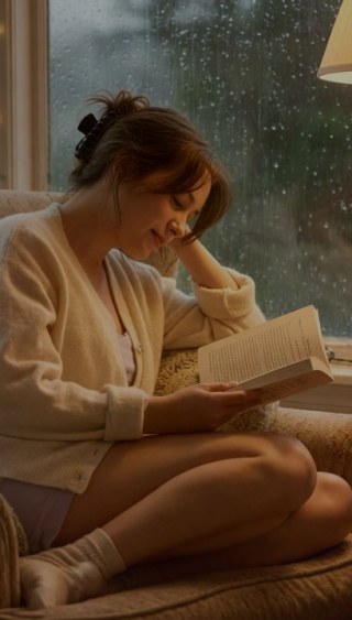 Warm moment — Reading nook with rain on glass, tea, and soft lamplight.