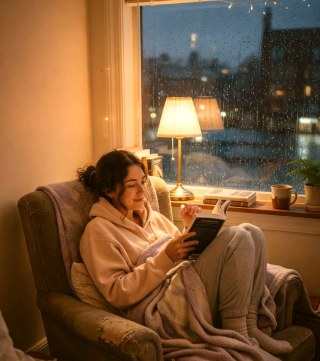 Close portrait — Casual hangout portrait in living-room lamplight.