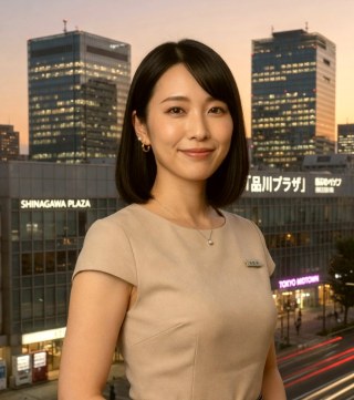 Close portrait — Beige office sheath dress in Tokyo at dusk with city lights.