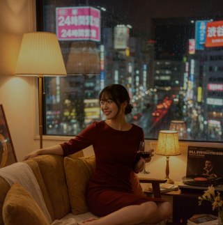 Warm moment — Rainy Tokyo apartment night in a burgundy dress with wine.