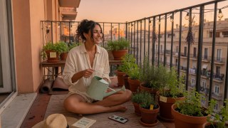 Balcony garden watering at sunset with city glow.