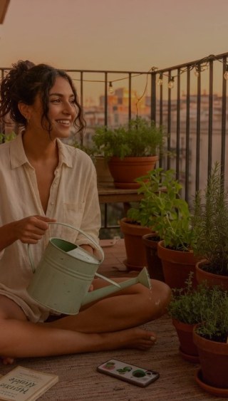 Warm moment — Balcony garden watering at sunset with city glow.