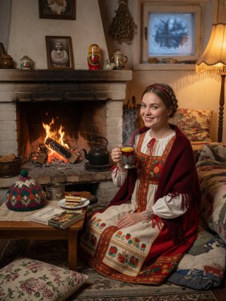 Fireside tea in folk sarafan with warm cabin lamplight.