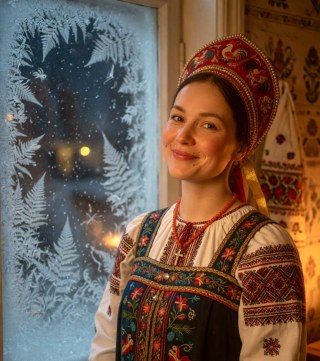 Close portrait — Embroidered Russian sarafan and kokoshnik beside a frosted window.