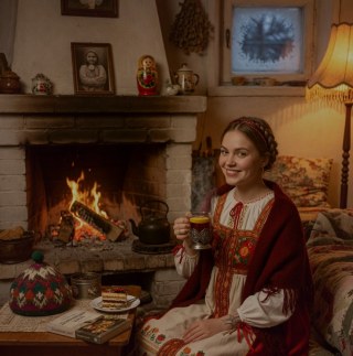 Warm moment — Fireside tea in folk sarafan with warm cabin lamplight.