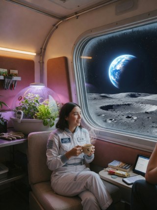 Moon colony lounge during Earthrise with soft habitat lights.