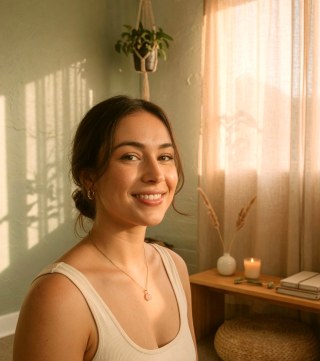 Close portrait — Radiant portrait on a sun-washed balcony with flower-market colors.
