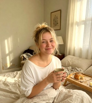 Close portrait — Lazy-Sunday bedroom portrait in soft sheets and morning light.
