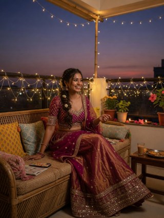 Terrace evening in magenta lehenga with fairy lights and music.