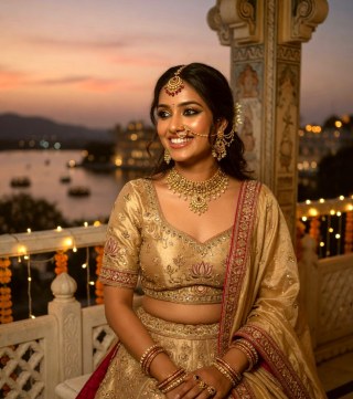 Close portrait — Gold lehenga choli on a Udaipur terrace at monsoon dusk.