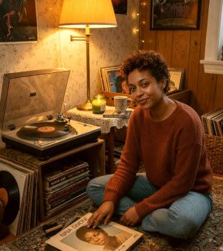 Close portrait — Vinyl-listening portrait in a warm lamp-lit nook.